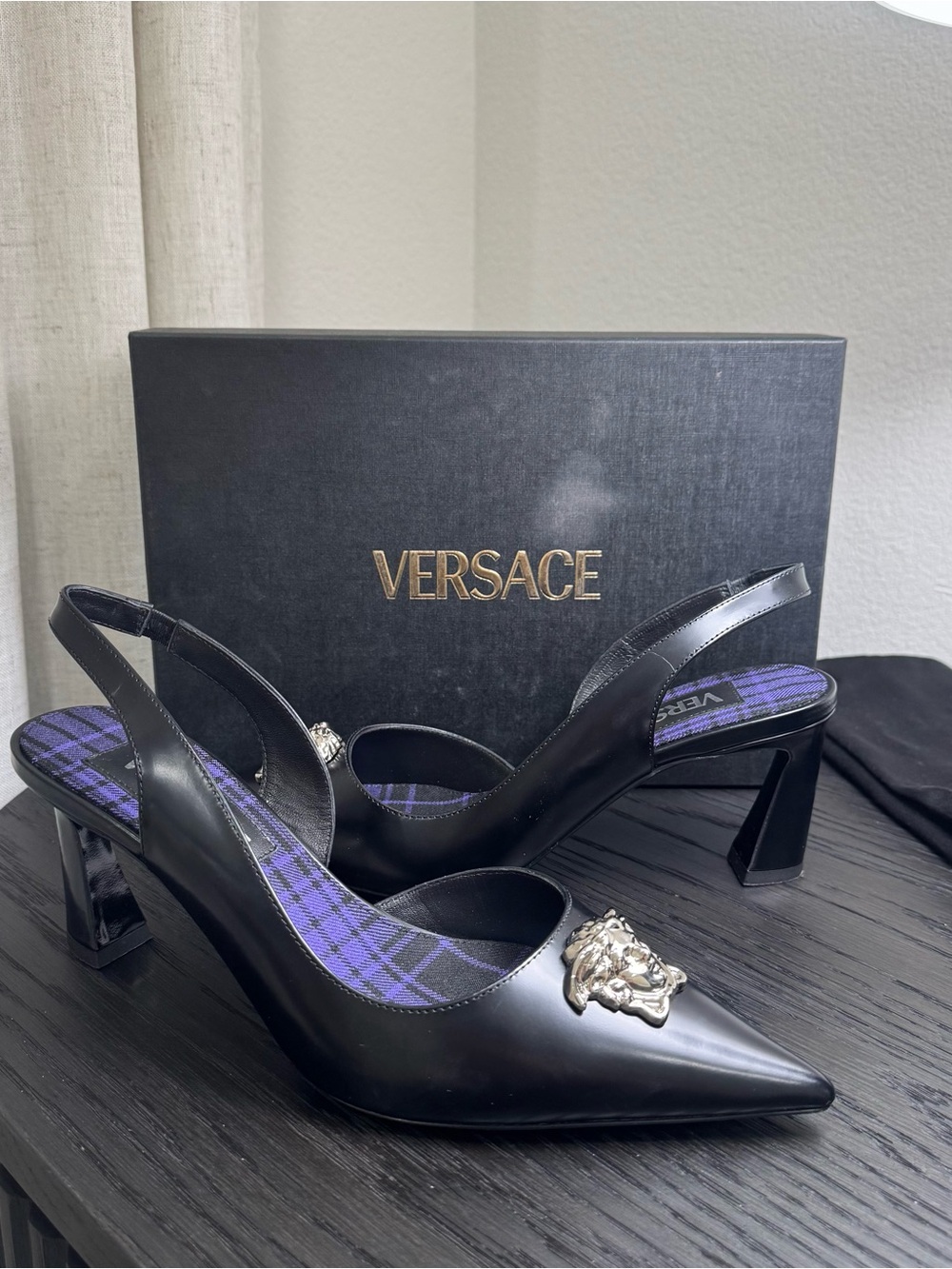 Versace La Medusa Slingback Pumps Leather Black 40